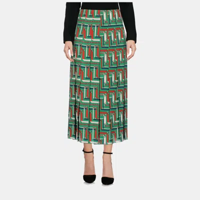 Pre-owned Gucci Green Chain Print Silk Midi Skirt L (it 46)