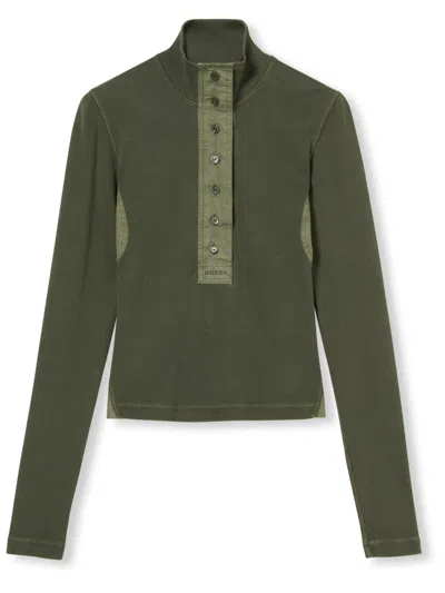 GUCCI GREEN COTTON RIB LONG-SLEEVE T-SHIRT
