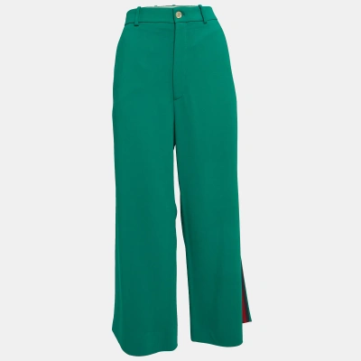 Pre-owned Gucci Green Crepe Web Detail Wide-leg Pants M