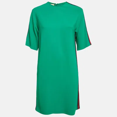 Pre-owned Gucci Green Crepe Web Stripe Trim Detail Mini Dress S