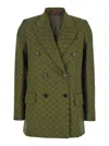 Gucci Green Double-breasted Jacket With Peak Revers In Gg Canvas Woman In Green