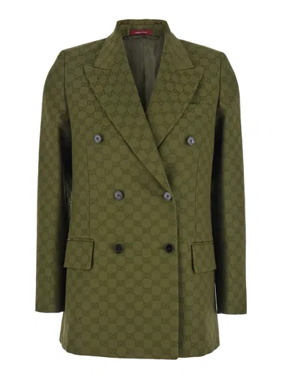 Gucci Green Double-breasted Jacket With Peak Revers In Gg Canvas Woman