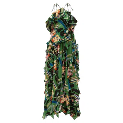 Pre-owned Gucci Green Floral Check-print Ruffled Silk-crepe Gown It38