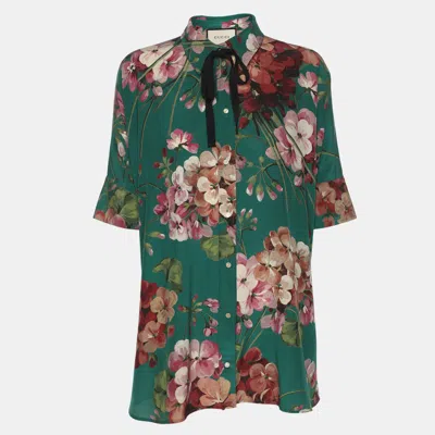 Pre-owned Gucci Green Floral Printed Silk Neck Tie Detail Shirt M