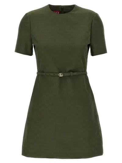 Gucci Green Mini Dress With Gg Buckle Belt In Fabric Woman