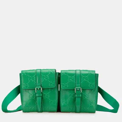 Pre-owned Gucci Green Gg Embossed Perforated Double Belt Bag