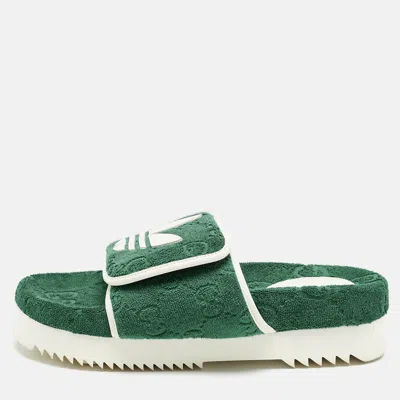 Pre-owned Gucci Green Gg Fabric Flat Slide Sandals Size 42