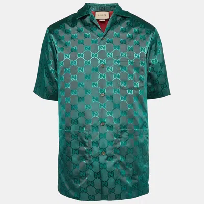Pre-owned Gucci Green Gg Jacquard Nylon Bowling Shirt S