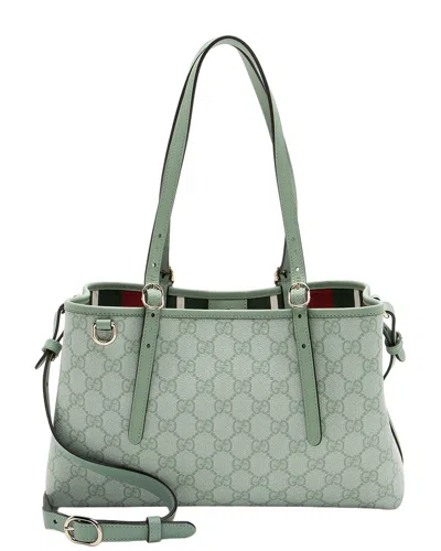 Pre-owned Gucci Green Gg Supreme Coated Canvas, Leather Emblem Medium Tote (authentic  Pre-loved)