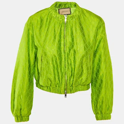 Pre-owned Gucci Green Gg Supreme Embroidery Silk Zip-up Jacket S