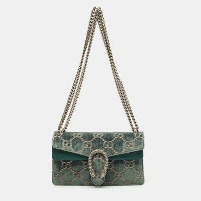 Pre-owned Gucci Green Gg Velvet And Leather Small Dionysus Shoulder Bag