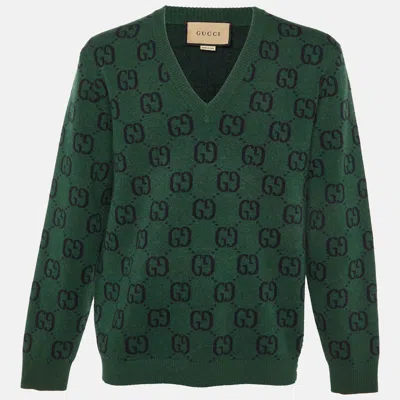 Pre-owned Gucci Green Gg Web Intarsia Wool V-neck Sweater M