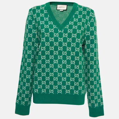 Pre-owned Gucci Green Gg Web Intarsia Wool V-neck Sweater S
