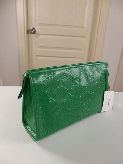 Pre-owned Gucci Green Gg Web Monogram Embossed Leather Toiletry Bag