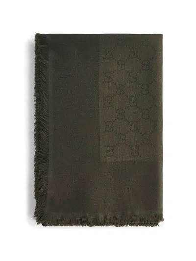 Gucci Green Gg Wool And Silk Jacquard Shawl