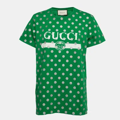 Pre-owned Gucci Green Glitter Polka Dot Logo Print Cotton Crew Neck T-shirt Xs
