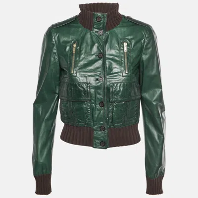 Pre-owned Gucci Green Leather And Knit Trim Button Up Bomber Jacket S