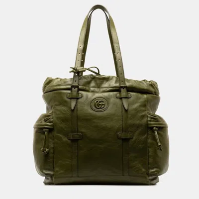 Pre-owned Gucci Green Leather Double G Drawstring Tote Bag