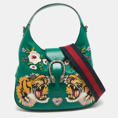 Pre-owned Gucci Green Leather Embroidered Tiger Head Large Dionysus Hobo