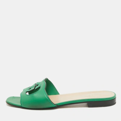 Pre-owned Gucci Green Leather Gg Flat Slides Size 39.5