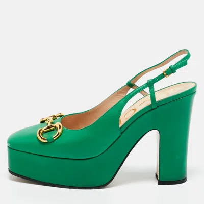 Pre-owned Gucci Green Leather Horsebit Platform Slingback Pumps Size 39