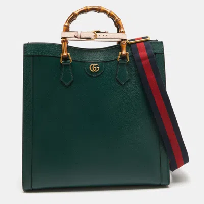 Pre-owned Gucci Green Leather Large Bamboo Diana Tote
