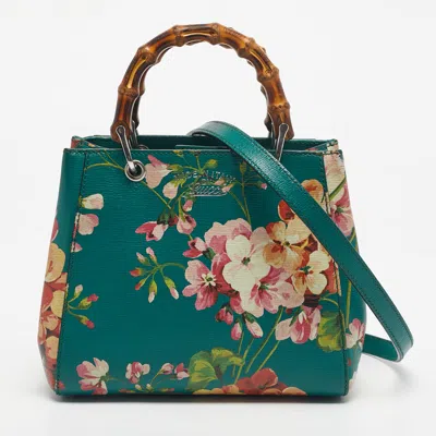 Pre-owned Gucci Green Leather Mini Blooms Bamboo Tote
