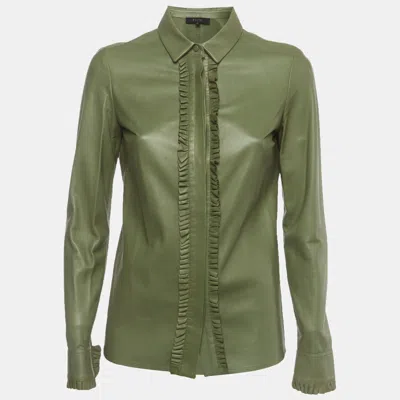 Pre-owned Gucci Green Leather Ruffle Trim Button-up Blouse S