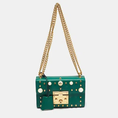Pre-owned Gucci Green Leather Small Pearl Studded Padlock Shoulder Bag