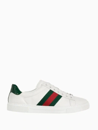 Gucci Ace Leather Sneakers With Lateral Web Band In White