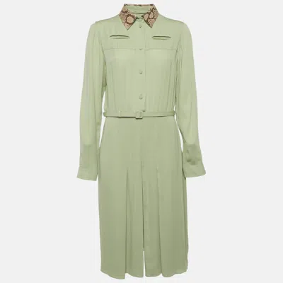 Pre-owned Gucci Green Leather Trim Silk Midi Dress L