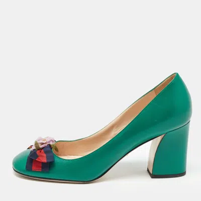 Pre-owned Gucci Green Leather Web Bow Flower Applique Pumps Size 40