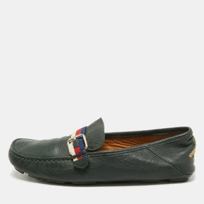 Pre-owned Gucci Green Leather Web Driver Loafers Size 40