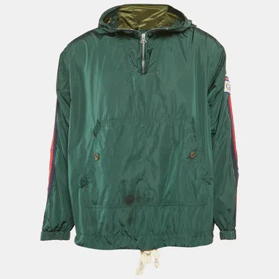 Pre-owned Gucci Green Logo Applique Nylon Web Trim Detail Hooded Windbreaker Jacket S