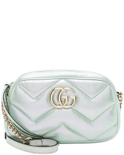 Gucci Green Matelasse Iridescent Leather Gg Marmont Small Camera Bag In Blue