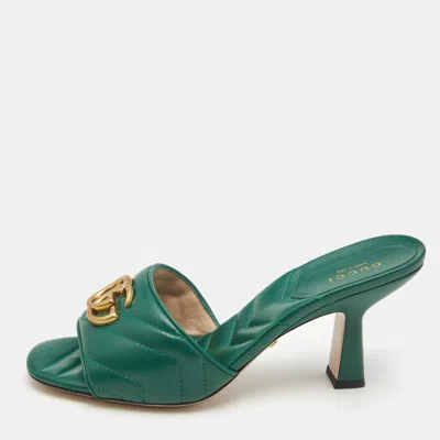 Pre-owned Gucci Green Matelassé Leather Gg Marmont Slide Sandals Size 37.5