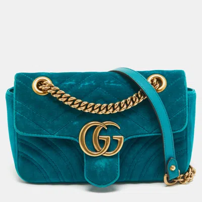 Pre-owned Gucci Green Matelassé Velvet Mini Gg Marmont Shoulder Bag