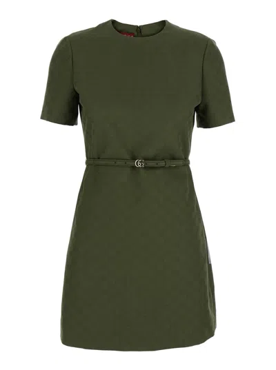 GUCCI GREEN MINI DRESS WITH GG BUCKLE BELT IN FABRIC WOMAN