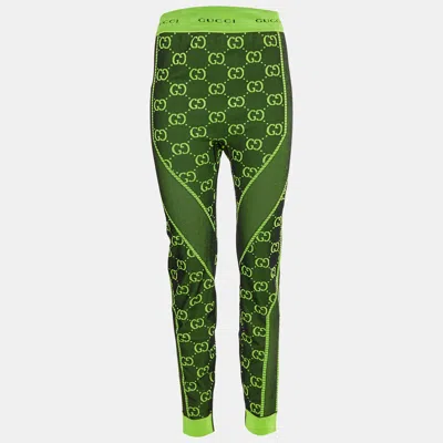 Pre-owned Gucci Green Monogram Jacquard Knit Leggings L