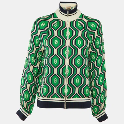 Pre-owned Gucci Green Printed Silk Zip-up Jacket Xs