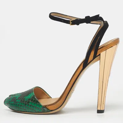 Pre-owned Gucci Green Python Leather And Suede Peep Toe Ankle Wrap Pumps Size 38