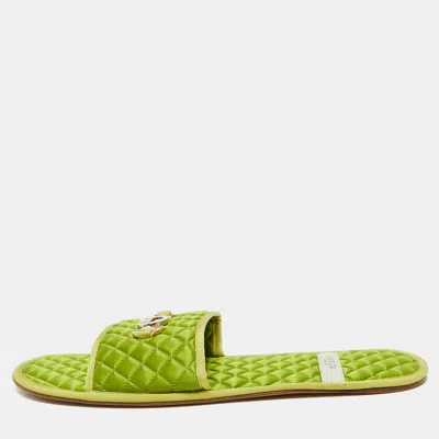 Pre-owned Gucci Green Quilted Satin Interlocking G Logo Flat Slides Size 44