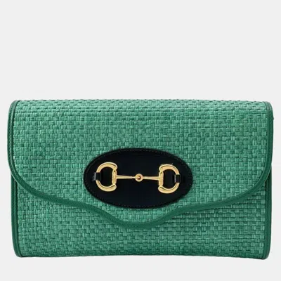 Pre-owned Gucci Green Raffia Horsebit 1955 Chain Bag