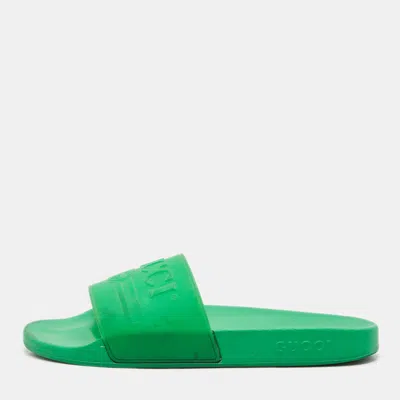 Pre-owned Gucci Green Rubber Logo Pool Flat Slide Sandals Size 45
