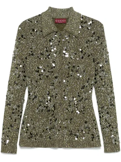 GUCCI GREEN TWEED POLO CARDIGAN