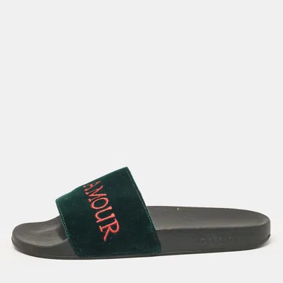 Pre-owned Gucci Green Velvet Embroidered L'aveugle Par Amour Slides Size 39