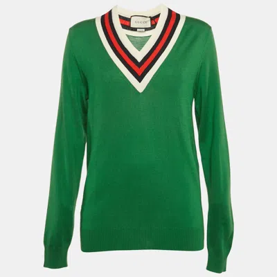 Pre-owned Gucci Green Wool V-neck Full Sleeve Sweater Xs