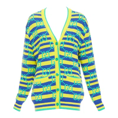 Pre-owned Gucci Green Yellow Blue Gg Monogram Stripe Cardigan Xs