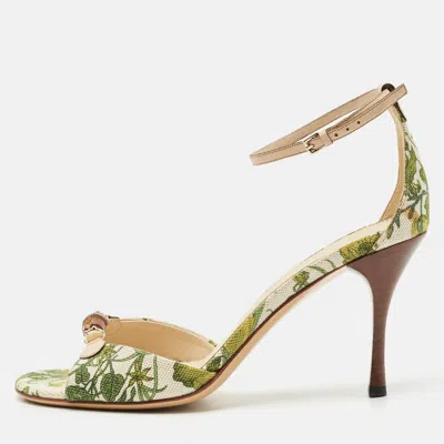 Pre-owned Gucci Green/beige Printed Canvas And Leather Bamboo Horsebit Ankle Strap Sandals Size 39