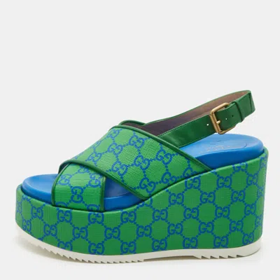 Pre-owned Gucci Green/blue Gg Supreme Canvas Platform Sandals Size 39.5